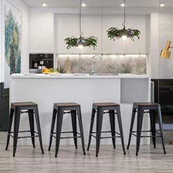 Changjie Furniture Bar Stools Set Of 4 With Wooden Seat Backless Barstools Industrial Counter Height Bar Stools Stackable For Kitchen (30 Inch, Matte Black)