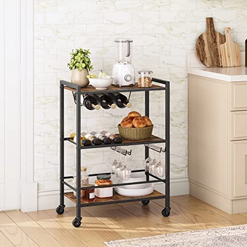 HOOBRO Bar Cart For The Home, 3-Tier Serving Cart On Wheels, Kitchen Cart With Wine Rack And Glass Holder, Rolling Beverage Cart For Living Room, Party, Bar, Rustic Brown And Black BF35TC01G1 - Image 5
