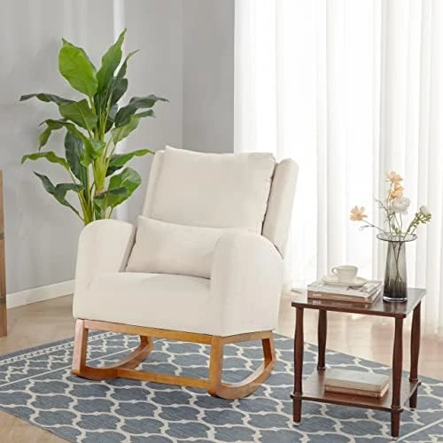 Iroomy Modern Accent Upholstered Rocking Glider Rocker High Back Arm Chair W/2 Side Pockets, Indoor For Living Room/Bedroom/Nursery-Beige - Image 8