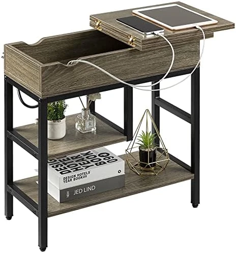 Hadulcet Side Table With Charging Station, Narrow Sofa End Table With Storage Shelf & Adjustable Stand Rustic Brown - Image 11