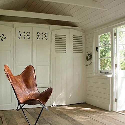 Shy Shy Brown Vintage Leather Arm Folding Chair/Genuine Antique Leather Butterfly Chair Home Décor/Handmade Chair (with Fold-able Stand) - Camping-Hiking-Chairs - Image 2