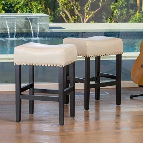 Christopher Knight Home Lisette Backless Leather Counter Stools, 2-Pcs Set, Ivory - Image 2