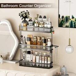 Over Toilet Bathroom Organizer,over The Toilet Storage Shelf With Toilet Paper Holder,Bathroom Counter Organizer,Makeup Organizer For Vanity,Toilet Tank Basket,3 Tier Bathroom Shelf Over Toilet Black