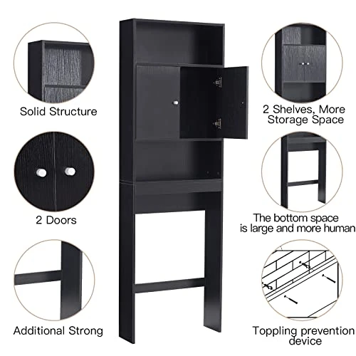 ME2 Bathroom Over The Toilet Storage Cabinet, 77'' Taller Bathroom Organizer Shelf Space-Saving Collect Cabinet With Shelves And Double Doors, Black - Image 2