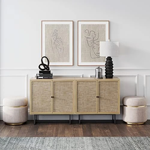 Nathan James Kova Accent Natural Storage Cabinet Sideboard Wood And Rattan With Matte Metal Frame, Adjustable Interior Shelves And Cane Doors, For Hallway, Entryway Or Living Room, Light Oak/Black - Image 7