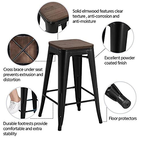 Yaheetech Metal Bar Stools 26 Inch Stackable Barstools Wooden Seat Bar Chairs Count Height Barstool With Wood Seat For Bistro/Patio/Cafe/Restaurant/Dining Room/Kitchen Set Of 4 Black - Image 4