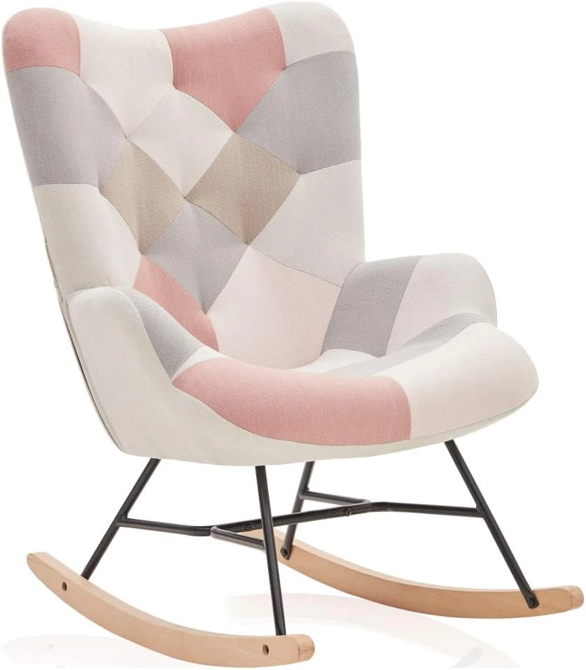 BELLEZE Colorful Patchwork Rocking Chair, Comfy Nursery Rocking Chairs Linen Upholstered Glider Rocker With Solid Wood Legs For Living Room Bedroom Nursery - Paramount (Patchwork B) - Image 8