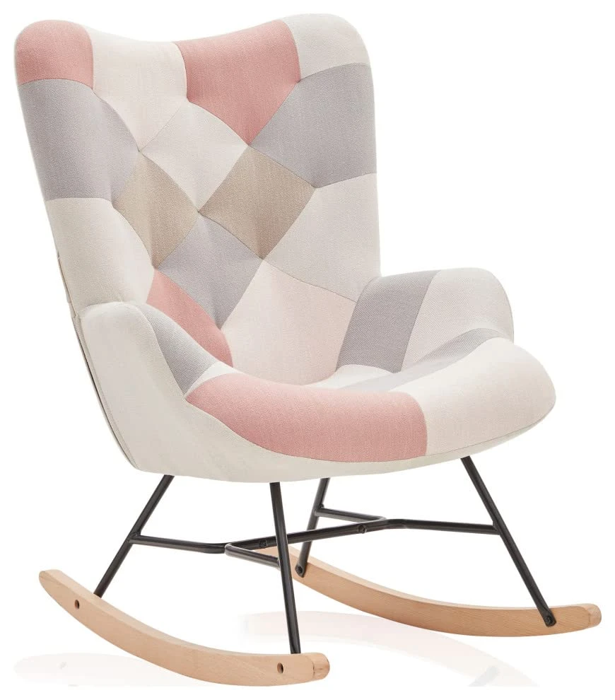BELLEZE Colorful Patchwork Rocking Chair, Comfy Nursery Rocking Chairs Linen Upholstered Glider Rocker With Solid Wood Legs For Living Room Bedroom Nursery - Paramount (Patchwork B)