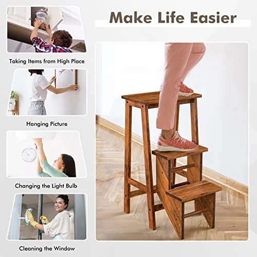Giantex 3 Tier Folding Step Stool, Multifunction 3-in-1 Wood Step Stool, Portable Seat Display And Storage Shelf For Library, Home Kitchen (Light Walnut) - Image 3