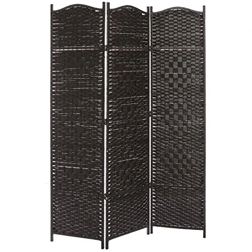 MyGift Bamboo Woven 3 Panel Room Divider Screen With Wood Frame, Indoor Folding Privacy Screen With Dual-Sided Hinges, Brown