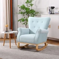 Yoluckea Modern Rocking Chair, Upholstered Rocking Armchair Accent Chair Comfy Wingback Glider Rocker With Safe Solid Wood Base For Nursery, Playroom, Bedroom And Living Room (Light Blue)