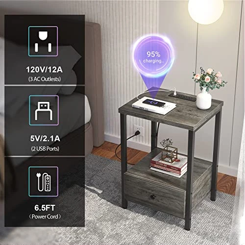 Ecoprsio Nightstands Set Of 2 With Charging Station, Modern Night Stand Bedside Table With Storage Drawer And Shelf, End Side Table With USB Ports & Power Outlets For Bedroom Living Room, Grey Oak - Image 3