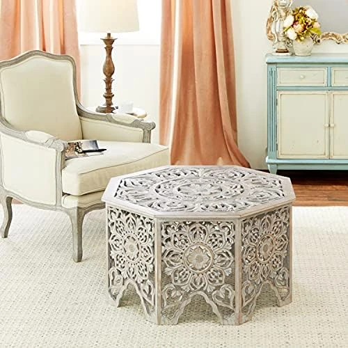 Deco 79 Wood Floral Handmade Intricately Carved Coffee Table With Hollow Interior, 33" X 33" X 18", Light Gray - Image 8