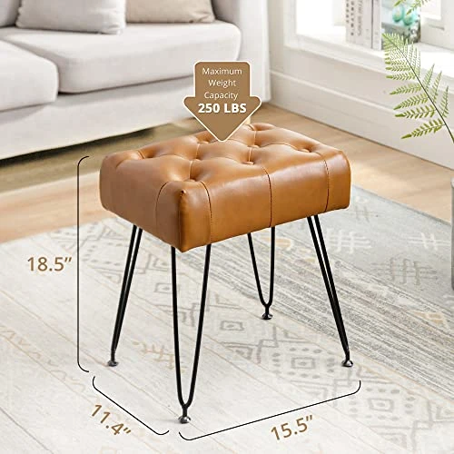 LUE BONA Modern Faux Leather Rectangle Vanity Stool, Vanity Chair For Makeup Room, Whiskey Brown Ottoman Foot Rest Entryway Bench With Black Legs For Bedroom Living Room - Image 2