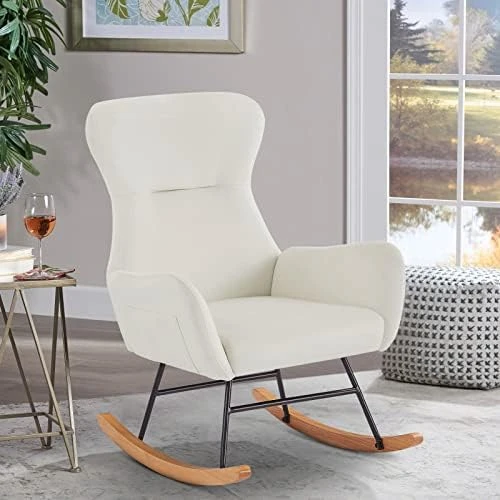 KINFFICT Accent Rocking Chair, Velvet Tufted Upholstered Glider Rocker For Nursery, Comfy Armchair With Side Pockets, Modern Lounge Arm Chair For Living Room, Bedroom (Velvet Off White) - Image 14