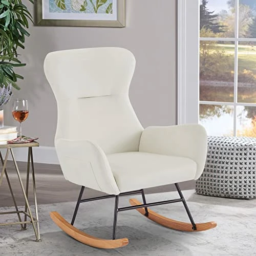 KINFFICT Accent Rocking Chair, Velvet Tufted Upholstered Glider Rocker For Nursery, Comfy Armchair With Side Pockets, Modern Lounge Arm Chair For Living Room, Bedroom (Velvet Off White)
