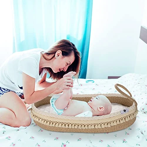 Maidek Baby Changing Basket - Handmade Woven Cotton Rope Moses Basket - Changing Table Topper With Mattress Pad, Removable Cover, Soft Blanket, Furniture - 29x16x4.7 Brown/White