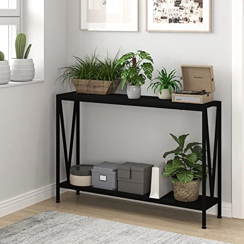 Amyove Black Console Table, 42.9" Black Entryway Table, Industrial 2-Tier Skinny Sofa Table With Shelf, Console Tables For Entryway, Living Room, Hallway, Foyer, Corridor, Office - Image 3