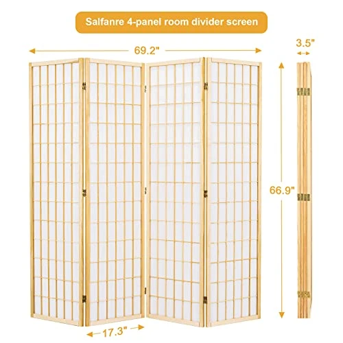 Salfanre Divider For Room Separation, 4 Panel Room Divider, Japanese Room Dividers, Shoji Screen, Folding Screen, 5.6 Ft, Natural - Image 2