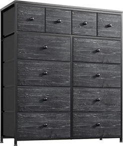 EnHomee Dressers For Bedroom Tall Dresser With 12 Drawer Dresser Fabric Chest Of Drawers Bedroom Dresser For Closet, Nursery, Living Room Wood Top Metal Frame Black