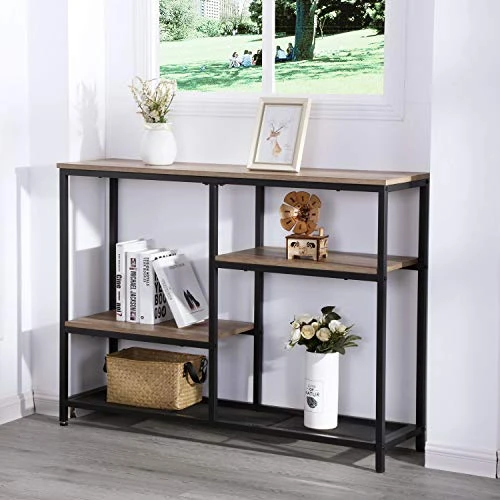 FIVEGIVEN Rustic Console Sofa Table Industrial Entryway Hallway Table Narrow With Shelves For Living Room Oak 43.3 Inch