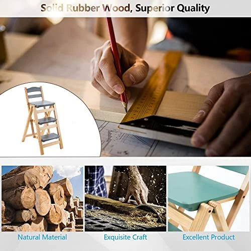 QQXX Folding Bar Stool Multifunctional 3 Step Ladder,Solid Wood Ladder Stool Counter Height Tall Stool,Portable Foldable Stool Step Stool For Adults Kitchen Outdoor(21.5β X 15.7β X 34.6β, Gray) - Image 4