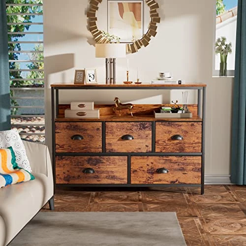Furologee Console Table, Dresser TV Stand For Bedroom, Tall Entertainment Center With Shelves, Sofa Table With 5 Fabric Drawers Closet Storage Organizer For Living Room/Entryway/Hallway, Rustic Brown - Image 2