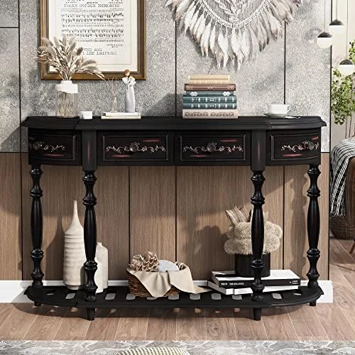 Polibi Retro Curved Console Table With Open Style Shelf And 4 Top Drawers, 52" W Half Moon Entry Table With Solid Wooden Frame And Legs For Living Room, Entryway And Hallway, Antique Grey - Image 9