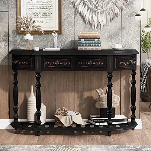 LUMISOL French Console Table Entryway Table With Bottom Shelf, Contemporary Curved Sofa Table With 4 Drawers For Hallway(Black