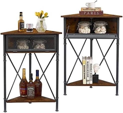 VECELO Cabinet/Table, 3-Tier Display Shelves With Protection Door, Metal Frame Storage Shelf Organizer For Small Space, Living Room, Kitchen, Bathroom, Set Of 2, Grey+Black - Image 14