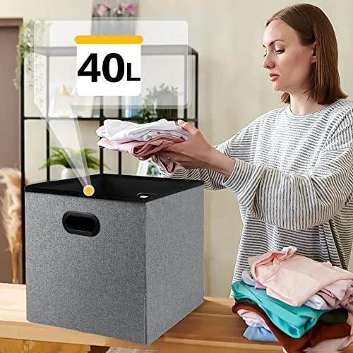 Acehome Storage Ottoman Cube, Small Ottoman With Storage, Folding Square Storage Ottoman With Tray, Cube Ottoman Storage With Handles, Linen Fabric Button Footstool Rest Padded Seat, Dark Grey, 2PC - Image 4