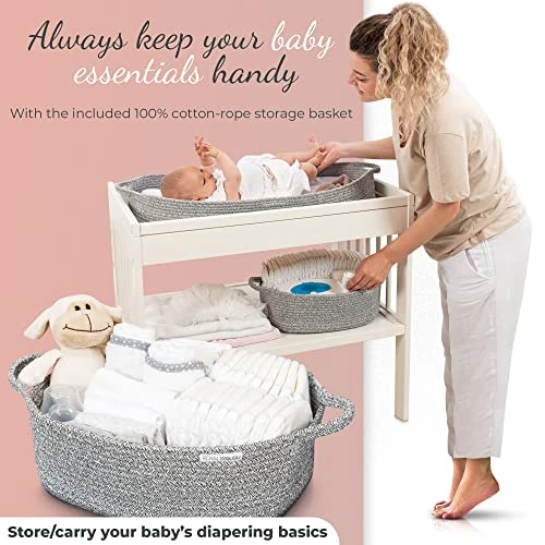 Premium Baby Changing Basket Set - With Pad, Moses Basket For Babies With Memory Foam Mattress - CPSC Approved, 100% Cotton Boho Nursery Decor, Changing Table Topper For Dresser With Covers - Image 3