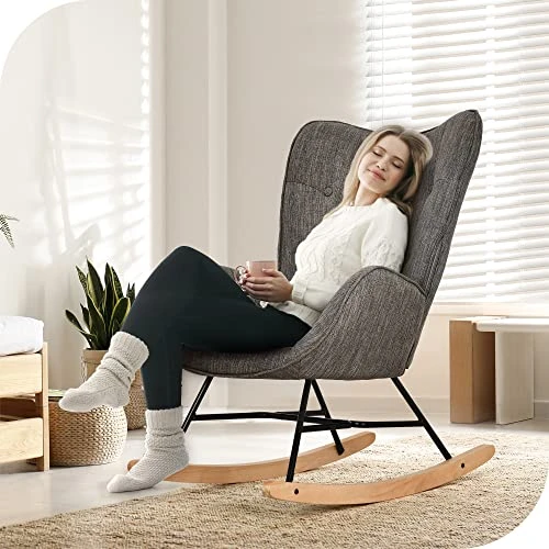 HERNEST Modern Rocking Chair For Nursery Linen Upholstered Rocker Glider Chair With High Backrest And Armrests Comfy Accent Rocking Armchair For Living Room Bedroom,Dark Grey - Image 3