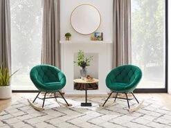 Art Leon Rocking Chair Mid Century Modern Velvet Upholstered Accent Chair Nursery Glider Rocker For Living Room Bedroom, Dark Green