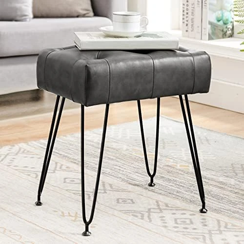 LUE BONA Modern Faux Leather Rectangle Vanity Stool, Vanity Chair For Makeup Room, Whiskey Brown Ottoman Foot Rest Entryway Bench With Black Legs For Bedroom Living Room - Image 7