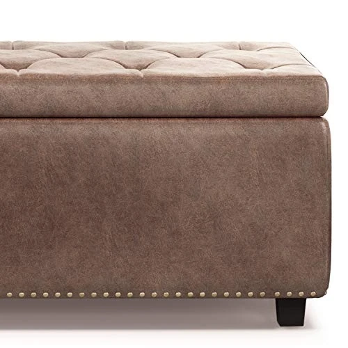SIMPLIHOME Hamilton 48 Inch Wide Rectangle Lift Top Storage Ottoman In Distressed Umber Brown Tufted Faux Leather With Large Storage Space For The Living Room, Entryway, Bedroom, Transitional - Image 5