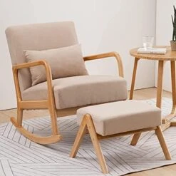 Icoget Rocking Chair Nursery With Ottoman And, Accent Living Room Chair, Glider Chair W/Solid Woods Base, Comfortable Thickened Upholstered Lounge Chair, Modern Rocker Armchair, Beige