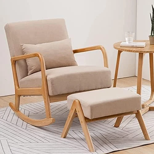 Icoget Rocking Chair Nursery With Ottoman And, Accent Living Room Chair, Glider Chair W/Solid Woods Base, Comfortable Thickened Upholstered Lounge Chair, Modern Rocker Armchair, Beige - Image 8