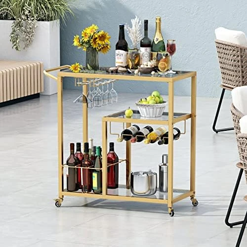 FABOMEI Silver Bar Carts With Glass Holders & Wine Rack,3 Tier Home Bar Serving Carts With Glass Shelves,Metal Rolling Bar Carts For The Home Kitchen, Party - Image 11