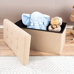 Lavish Home Folding Storage Bench Ottoman– 30” Tufted Foam Padded Lid, Beige