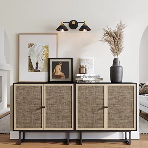 Nathan James Kova Accent Natural Storage Cabinet Sideboard Wood And Rattan With Matte Metal Frame, Adjustable Interior Shelves And Cane Doors, For Hallway, Entryway Or Living Room, Light Oak/Black - Image 9