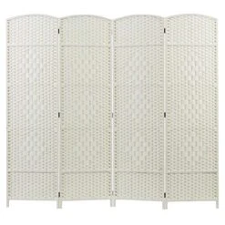 MyGift 4-Panel Dual-Hinged Freestanding Woven White Wood Room Divider