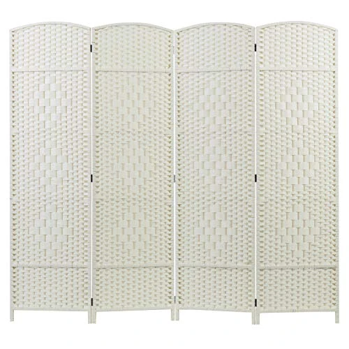 MyGift 4-Panel Dual-Hinged Freestanding Woven White Wood Room Divider