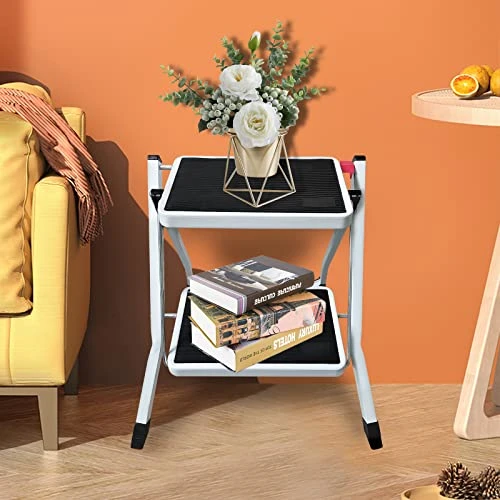 Office Step Stool Adults & Kids White Stepladder, Folding Step Stool With Non-Slip Wide Platform, Lightweight Portable Folding 2 Step Ladders For Home Kitchen Closet, Foldable Ladder 330 Lbs Capacity - Image 5