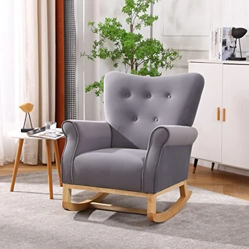 Yoluckea Modern Rocking Chair, Upholstered Rocking Armchair Accent Chair Comfy Wingback Glider Rocker With Safe Solid Wood Base For Nursery, Playroom, Bedroom And Living Room (Light Blue) - Image 9
