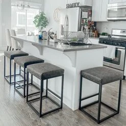 PHI VILLA Bar Stools Counter Heighr Set Of 4, Backless, 24 Inches, Square, Grey, 4 Packs