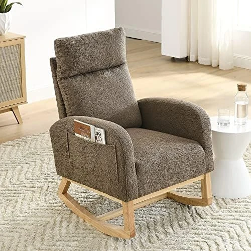 Krinana Nursery Rocking Chair With Solid Wood Legs, Glider Chair For Nursery With Two Side Pockets, Rocker Armchair For Living Room Bedroom (Beige, Linen Fabric) - Image 9