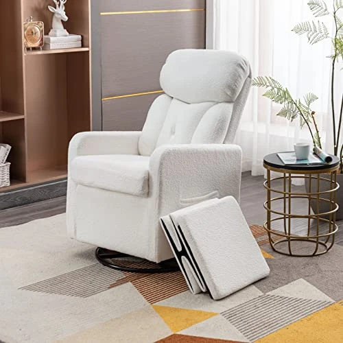 LUCKHAO Swivel Rocker Chair With Storage Ottoman, Modern Nursery Glider Chair, Teddy Fabric Upholstered Rocking Chairs, Armchair With High Backrest For Living Room Bedroom(White Teddy) - Image 3