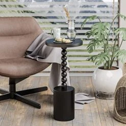 COZAYH Wood Pedestal End Table, Modern Drink Table With Base, Round Martini Table For Small Space Living Room, Bedroom, Black