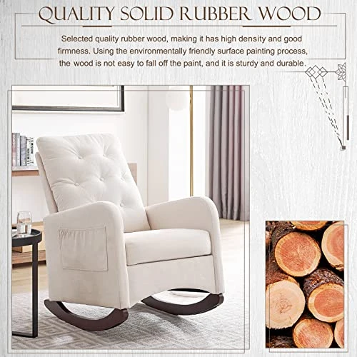 Obuvar Upholstered Rocking Chair For Nursery, Accent Glider Rocker With Two Pockets, Comfy Armchair With Tall Backrest And Double Layer Cushion, Baby Nursery Glider For Living Room, Bedroom (Beige) - Image 4